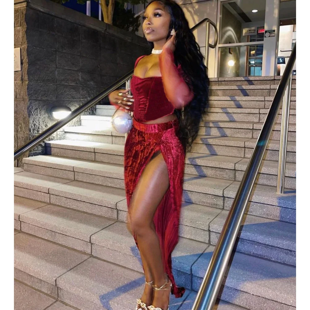 Autumn Sequre Neck Elegant Two Piece Set Women Matching Mesh Full Sleeve Crop Top &amp Slit Long Skirts Velvet Casual Slim Outfit |