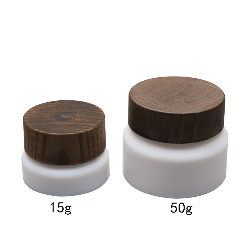

Skin Care Packing 15g 50g White Porcelain Glass Jar with Dark Wood Lid Cosmetic Containers Cream Jar Bulk