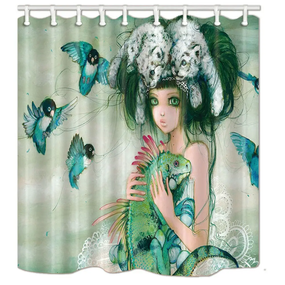 

Waterproof Fabric Bathroom Shower Curtain & Hooks Beautiful Girl Bird