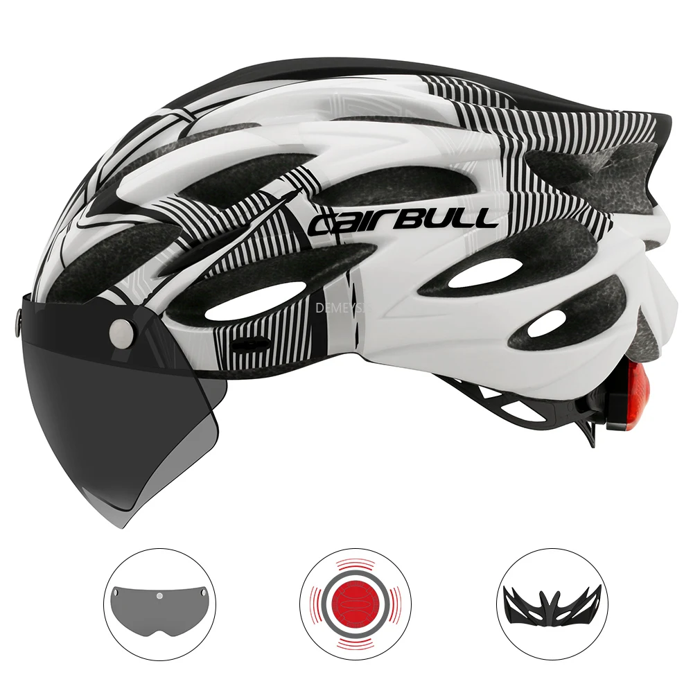 Intergrally-molded Mountain Bike Helmet with Removable Goggles Visor Adjustable Men Women Bicycle Cycling Taillight | Спорт и