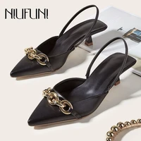 niufuni pointed toe elastic band womens slides shoes metal chain low heels temperament ladies shoes summer simple dress sandals
