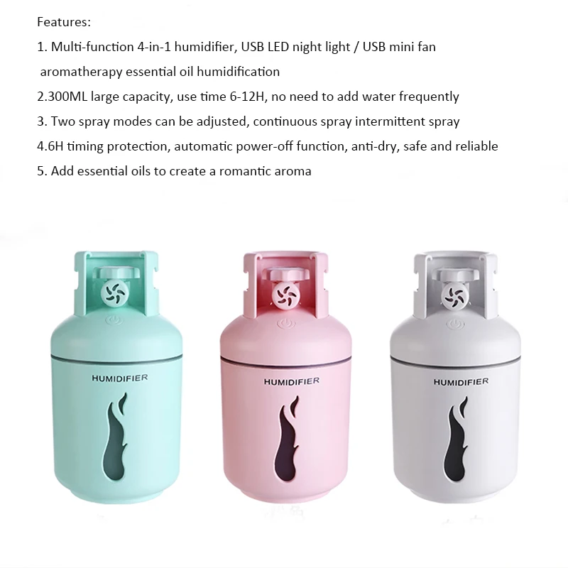 

USB gas tank ultrasonic essential oil diffuser air humidifier with LED night light mini fan for car