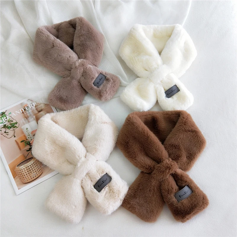 

Female Faux Rabbit Fur Neck Collar Scarves For Girls Soft Thicken Shawl Wrap Solid Color Cross Small Neckerchief Plush Scarf