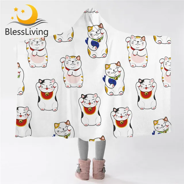 BLessliving Maneki Neko Hooded Blanket Beckoning Cat Microfiber Blanket Japanese Lucky Cat Soft Wearable Blanket Cartoon Mantas 1