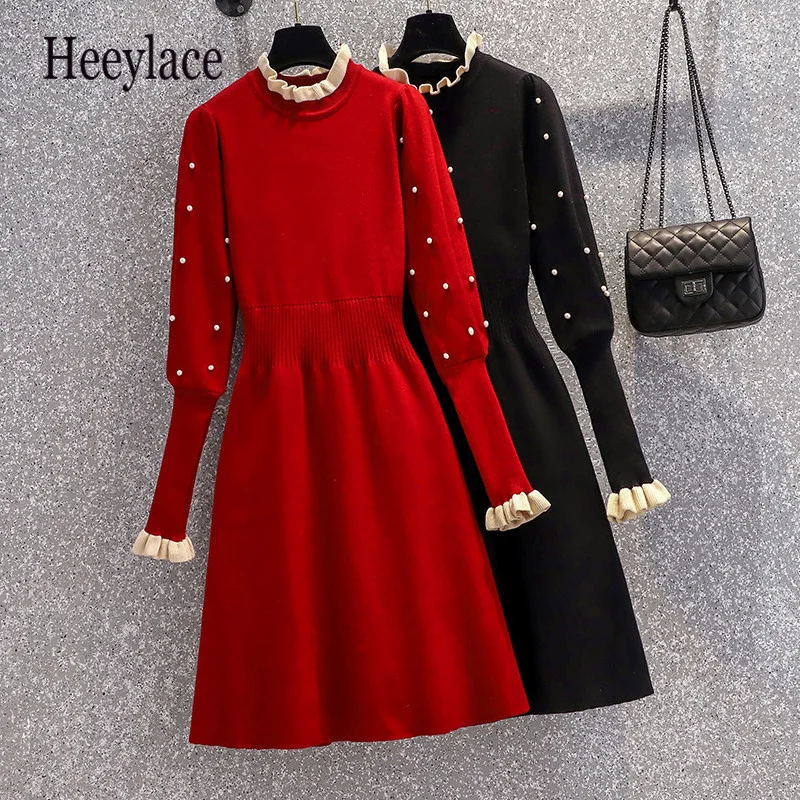

Women Ruffles Collar Red Long Sweater Dresses Elegant Autumn Winter Beading Knitted Lantern Sleeve Midi Vestidos