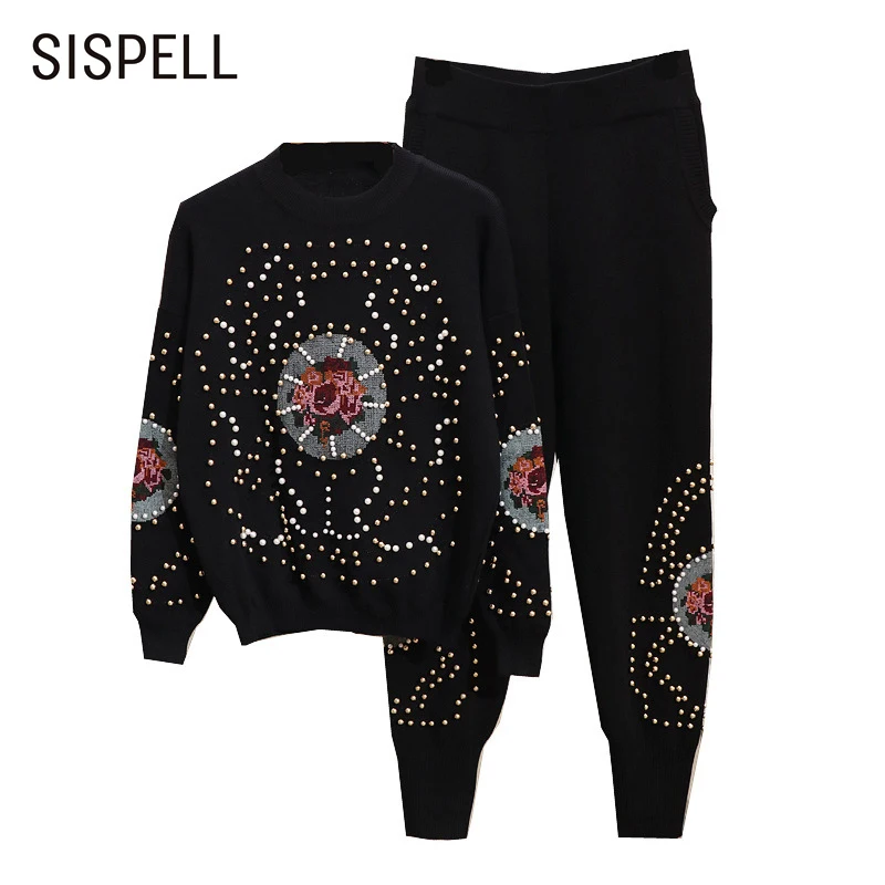 

Женский Повседневный вязаный комплект SISPELL из двух предметов, Свободный Топ с круглым вырезом и длинными рукавами, длинные брюки с вышивкой,...