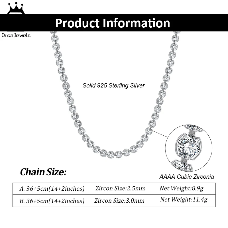 ORSA JEWELS Настоящее 925 пробы Серебряное теннисное ожерелье 2 5 мм круглая огранка