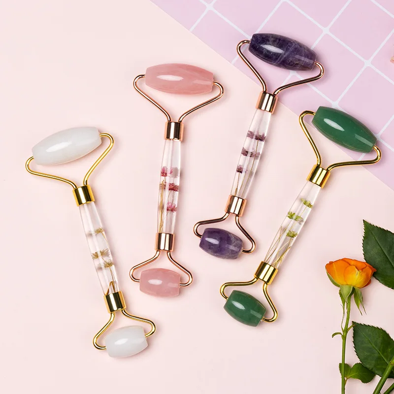 

New immortalflower pole jade roller flower pole natural rose quartz massager Slimmer Lift Wrinkle Chin Remover Beauty