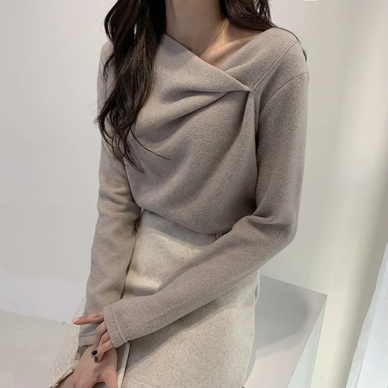 

Korean Style Fashion Irregular Collar Base Tops,Autumn Winter 2020 Long Sleeve Slim Women's Sweater Coat Blue Khaki In Stock