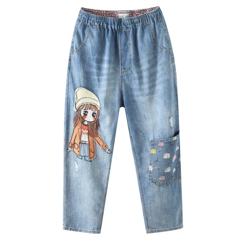 

Women Spring New Fashion Loose Cartoon Embroidery Jeans Lady High Waist Cute Denim Pants Casual Ankle Length Baggy Harem Trouser