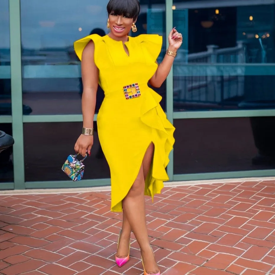 

Spring and Autumn Women's Urban Fashion Solid Color LargeSize Waist Waist Was Thin Irregular Ruffle Party Dress Sleeveless Dress