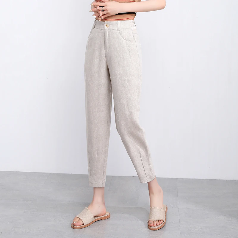 Pants Women 100% Linen Casual Style Plus Size High Waist Harem Ankle Pants Pockets Solid 2 Colors Summer New Fashion