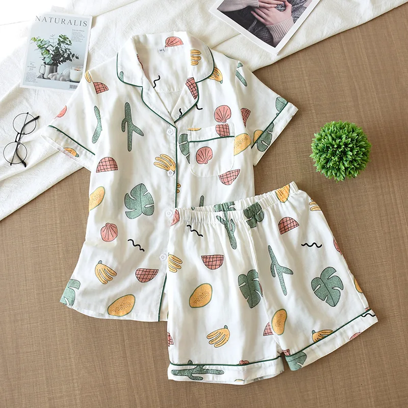 

Summer Thin 100% Cotton Gauze Women's Pajamas Short Sleeve Shorts Two-piece Suit Home Clothes Turn-down Collar Print Sleepwear