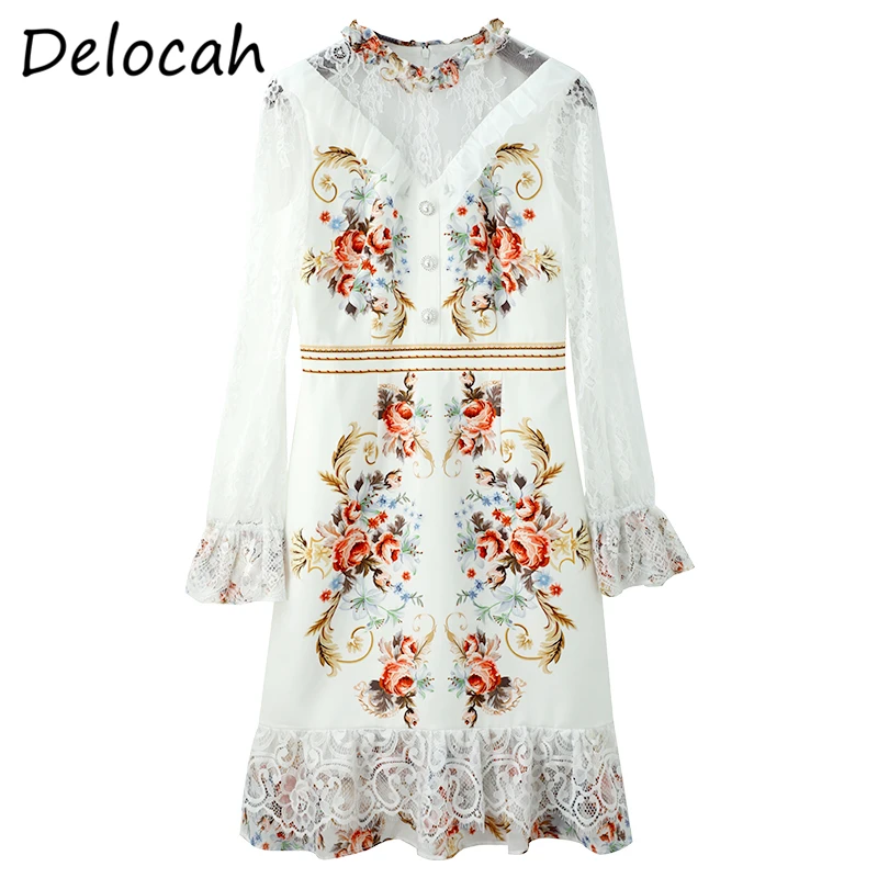 

Delocah Women Summer Fashion DesignerMidi Dress Lace Ruffles Flare Sleeve High Waist Floral Printed Ladies A-Line Dresses 2021