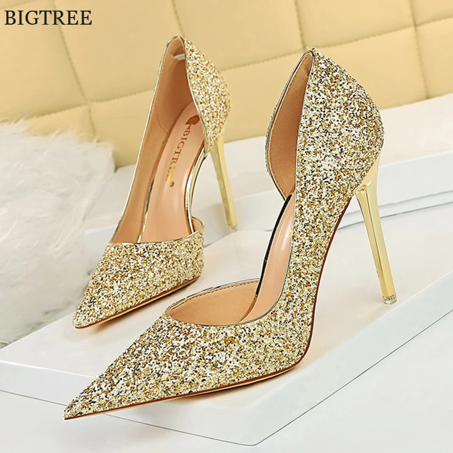 Star Style Sequined Cloth Wedding Shoes For Women New Autumn Stiletto High Heels Pointed Toe Female Side Hollow Sexy Party Pumps