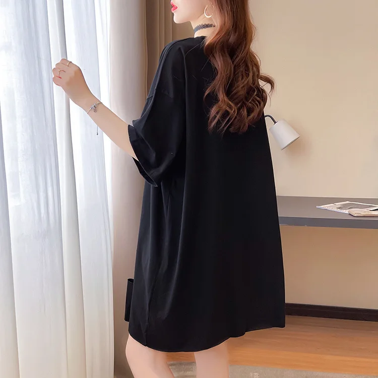 #0707 черная белая Желтая Женская футболка с буквами блестками длинная круглым