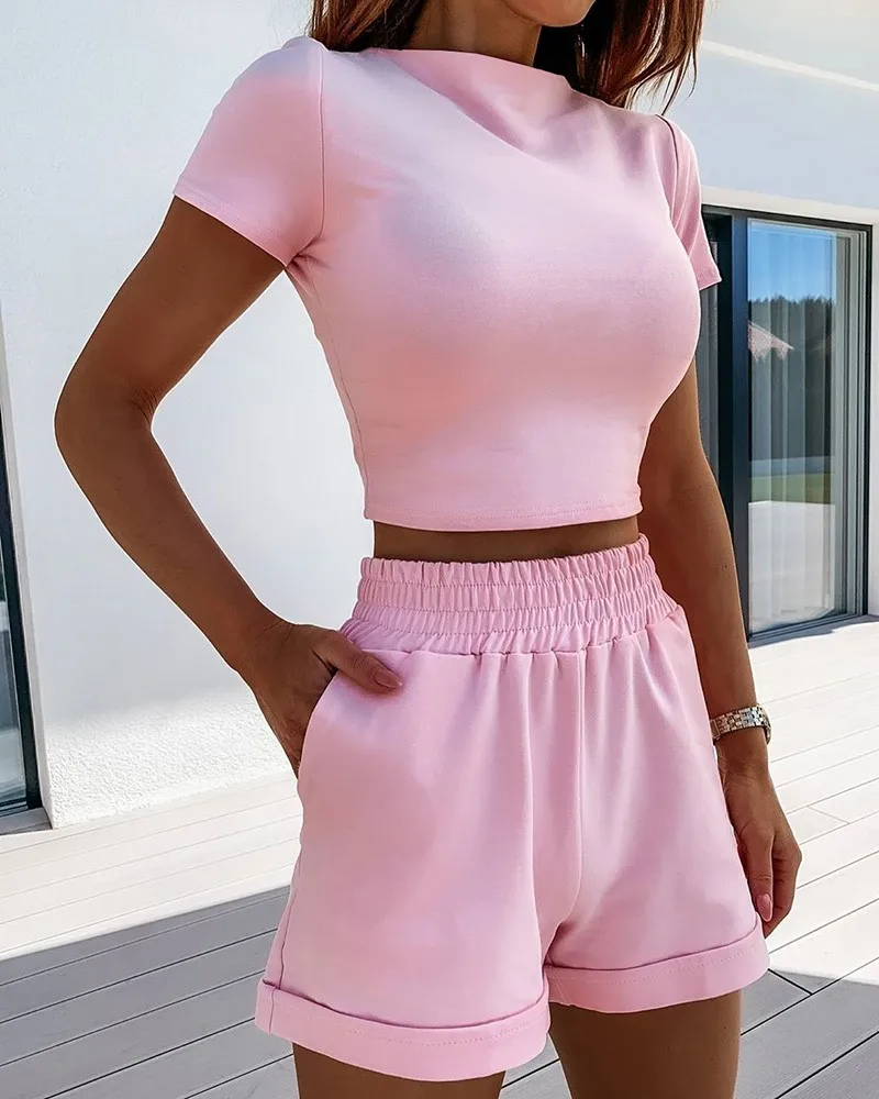 Women Two Pieces Outfits Solid Fitness Sport Suits Round Neck Crop Short Sleeve Crop Tops+High Waist Shorts Female Tracksuit