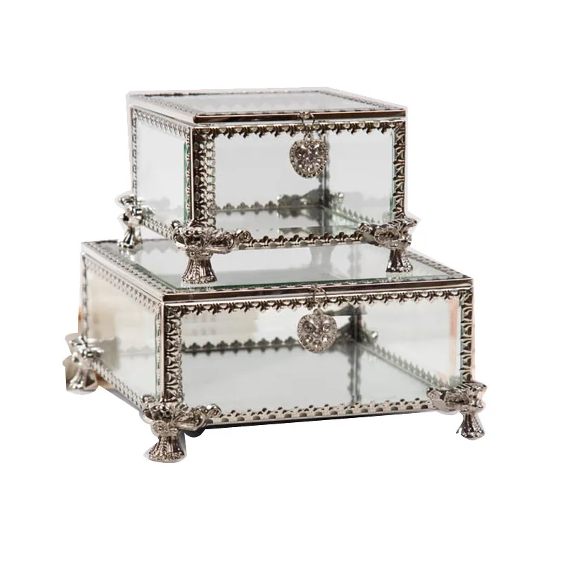 

1pcs Retro Jewelry Display Glass Box Plating Silver Gold Lace Jewelry Box Home Desktop