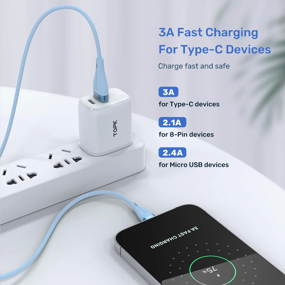 Кабель TOPK AN46 Micro USB Type-C жидкий силикон 3 А для Xiaomi Samsung Huawei кабель быстрой зарядки и