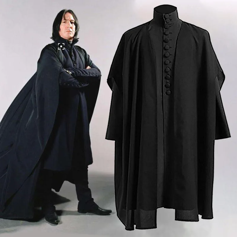 Profesör Severus Snape Cosplay kostüm Hogwartes okul siyah pelerin gömlek takım elbise yetişkinler bornoz sihirli değnek karnaval parti üniformaları