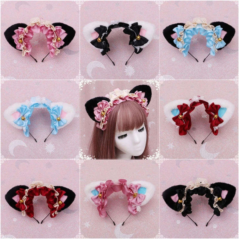 

Anime Lolita Cosplay Animal Headband Cute Plush Cat Ears Ruffled Lace Ribbon Bowknot Bell Hair Hoop Masquerade Headpiece