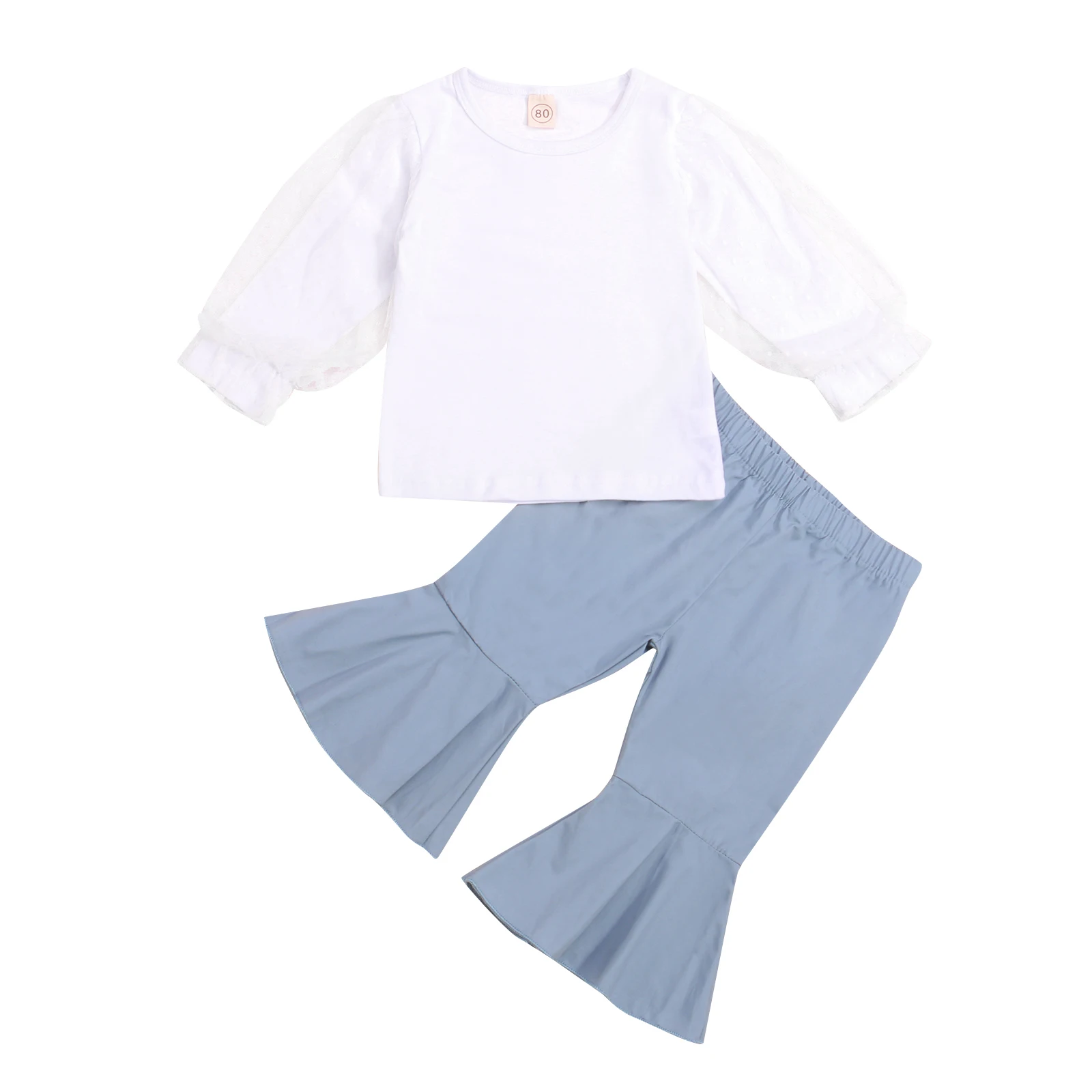 

2PCS Set Kids Baby Girl Puff Long Sleeve Cotton T-shirt Tops Flared Pant Bell Bottom Outfits Fashion Children Girls Clothes