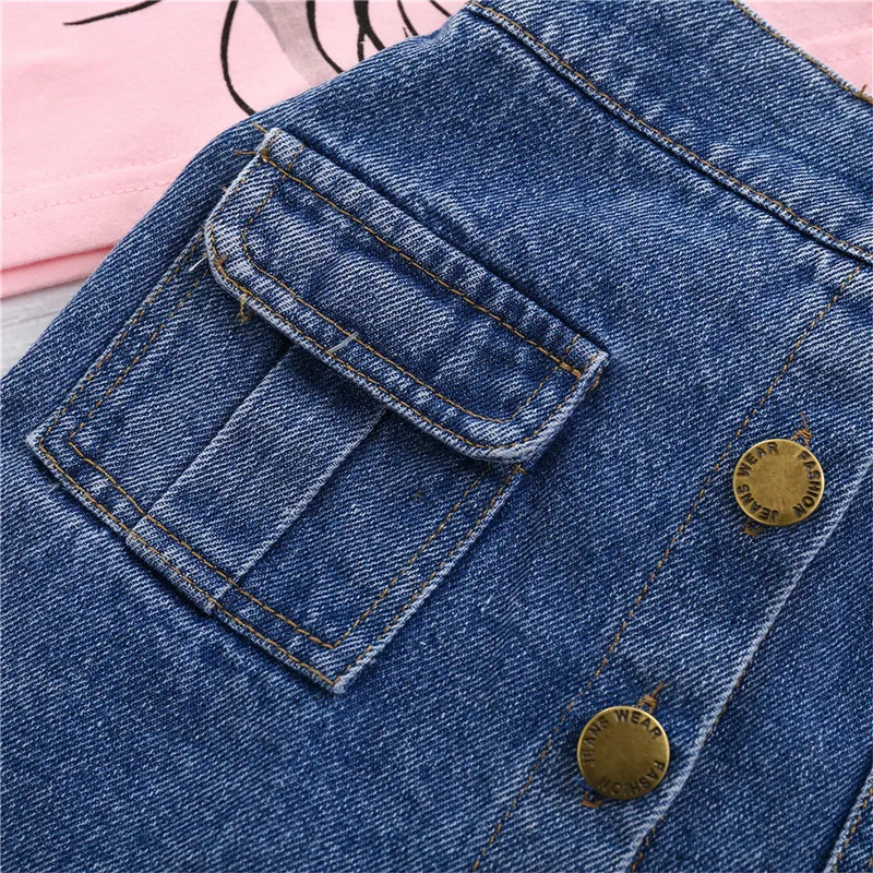 

1-5Years Fashion Kids Girl Clothing Sets Letter Strap Sleeve Print T-shirt Top+Button Pocket Denim Skirts Holiday Casual Outfits