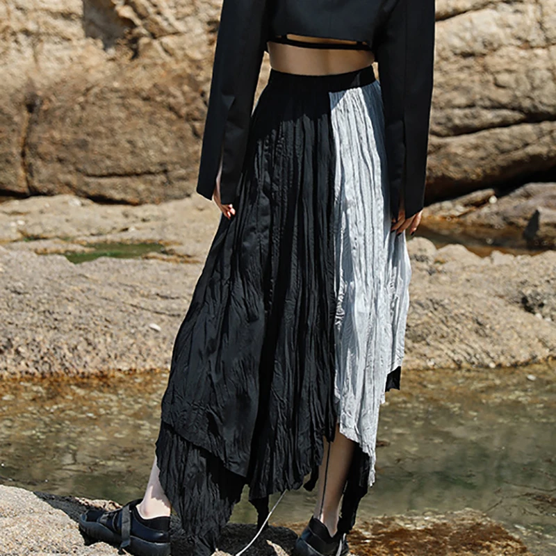 

SHENGPALAE Contrast Color Irregular Skirt Women's Summer 2021 New High Elastic Waist Ankle-length Big Swing Skirts Female Tide