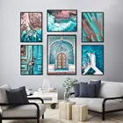 Абстрактный постер на холсте с перьями, синяя Марокканская дверь, живопись, морская стена, художественный принт, пейзаж, скандинавские настенные картины, декор для гостиной
