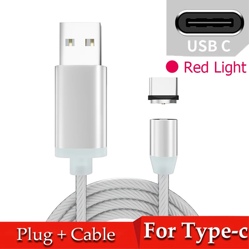 Red for Type-c Магнитный течёт светодиодный кабель Micro USB для samsung S10 S9 type-c зарядное устройство для huawei магнитное зарядное устройство usb type C кабели - Цвет: Red for Type-c