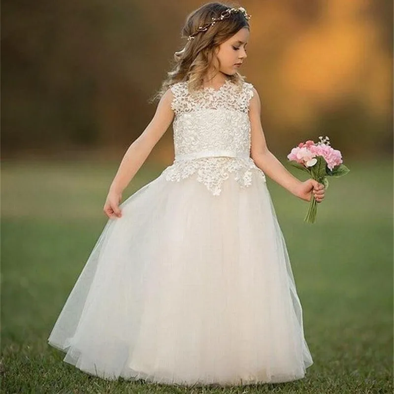 

Long Tulle Flower Dresses For Girl Covered Button First Communion Dress Sleeveless O-Neck Pageant Girls Gown Wedding Party Dress