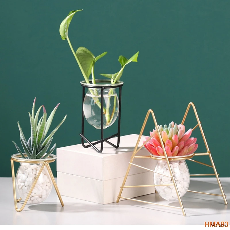 

Retro Iron Art Glass Vase Terrarium Hydroponic Plant Flower Vase Geometric Metal Plant Holder Home Decoration Accessories Modern