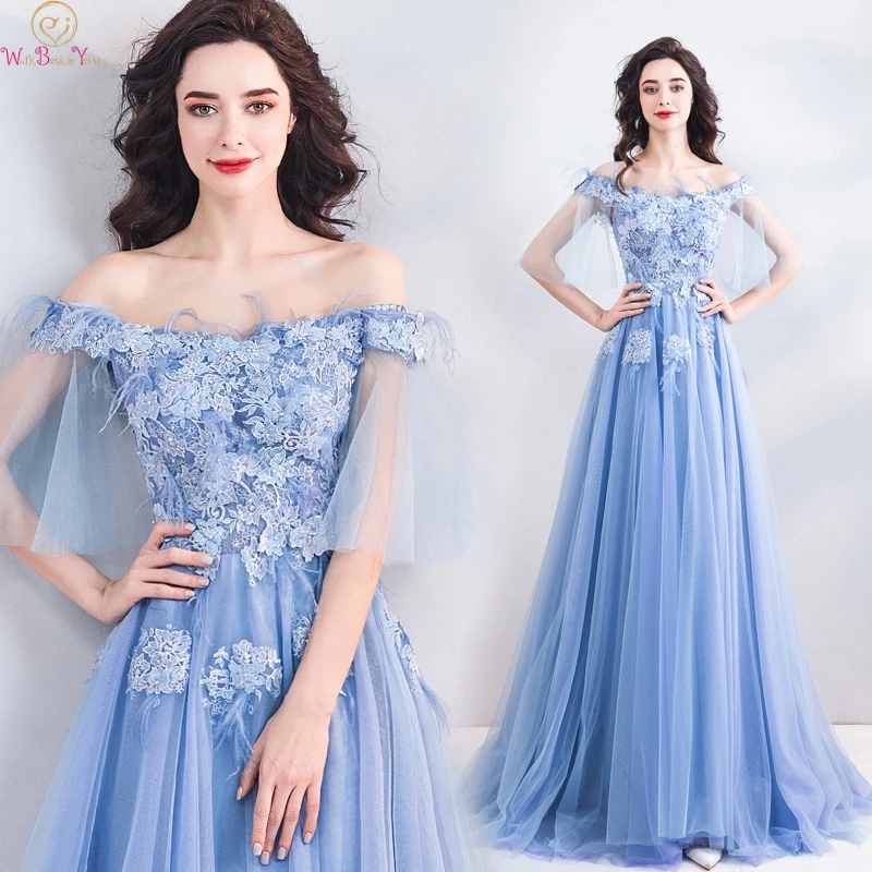 

Blue Boat Neck Off The Shoulder A-Line Women Prom Dresses 2019 Formal Party Tulle Evening Gowns robe de soiree Walk Beside You