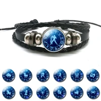 12 constellations jewelry 12 zodiac sign glass cabochon botton black leather woven bracelet for birthday gifts