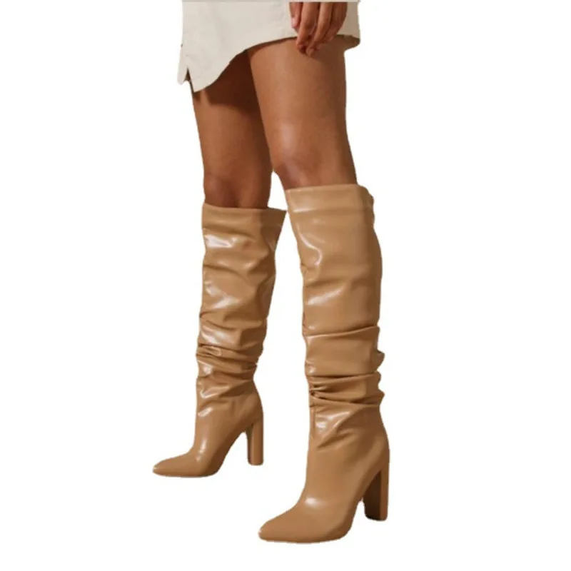 Women's Boots 2021 Winter Fashion PU Material Large Size Thick Heel Pleated Design Knee Women Boot White Black Shoes | Обувь