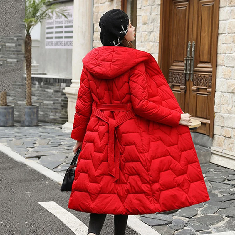 

2020 Women's Winter Down Jacket Solid Hooded Long Coats Female Stand Collar Slim With Sashes Plus Size Casual Thick Outerwear