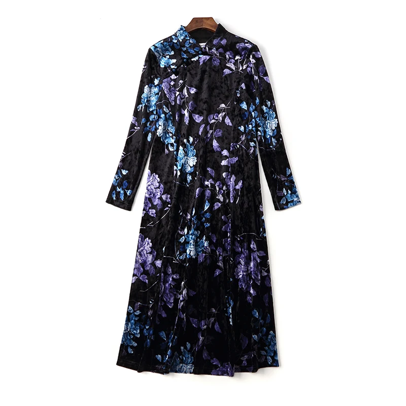 

Fall Spring Casual Womens Mandarin Collar Floral Pattern Velour Qipao Dress , Slim Flower Velvet Cheongsam Dresses for Woman
