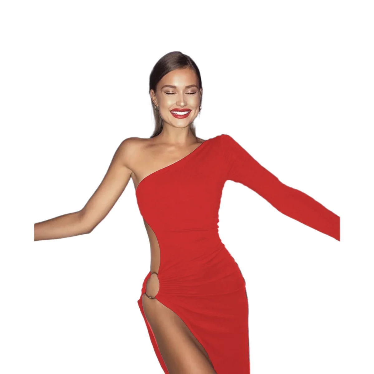 

Summer One-shoulder Long-sleeved Dress Fashion Sexy Hollow Split Party Female Evening Dress