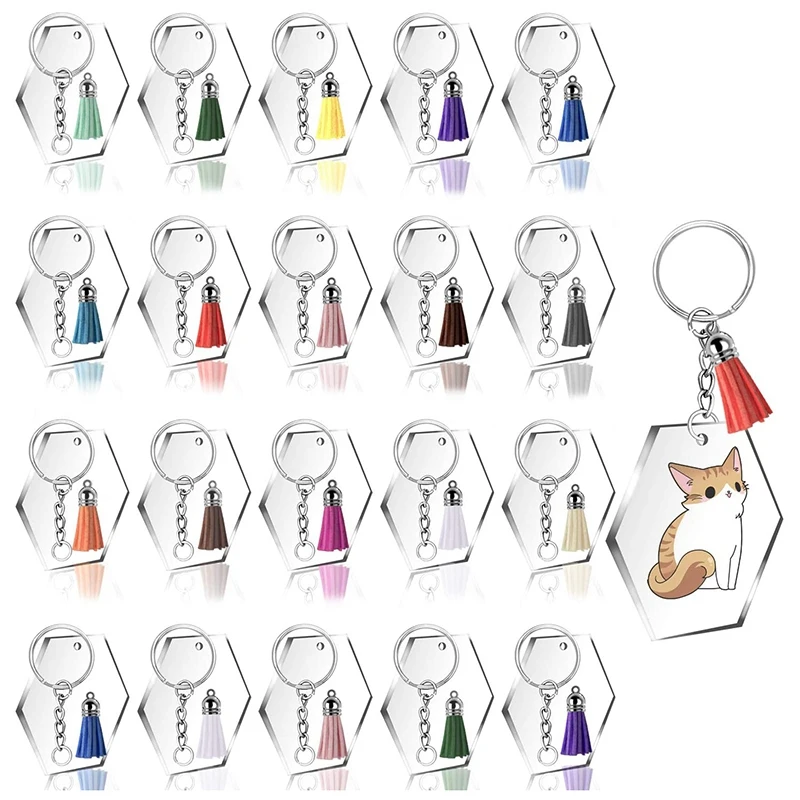 

Acrylic Transparent Discs Clear Acrylic Hexagon Keychain Blanks with 30Pcs Key Chains, 30Pcs Colorful Tassel Pendants,