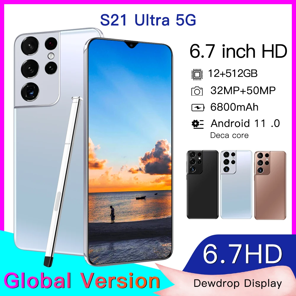 

2021 Global Version S21+ Ultra 6.7Inch Smartphone 6800mAh 8+256GB 16+32MP Cell Phones Unlocked Face ID 2 SIM 5G Mobile Celular