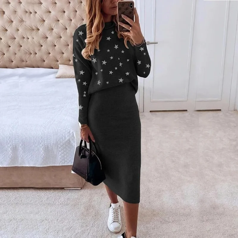 

2 Two Piece Outfits Casual Autumn Winter Female Sexy Party Woman Sets Stars Print Hoodies Long Skirts Women Matching Sets G3242