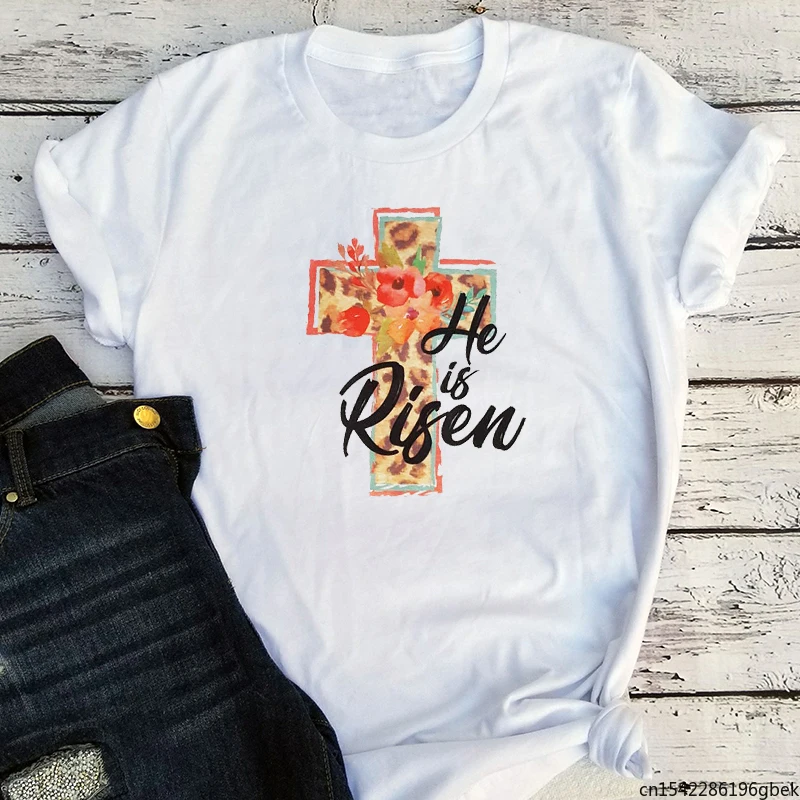 

He Is Risen Floral Cross T-Shirt Women Easter Floral Cross Womens Clothing Summer Kawaii Clothes