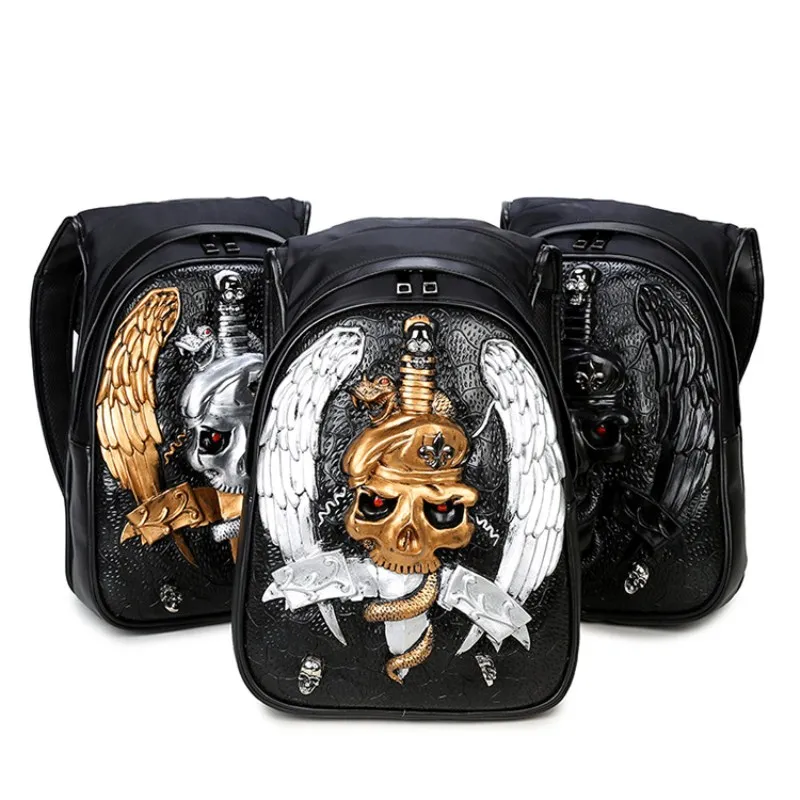 

Mens Back Pack Bags With Hood Cap 3D Fashion Personality Skull Leather Backpack Rivets Apparel Bag Japanese Bag Backpack