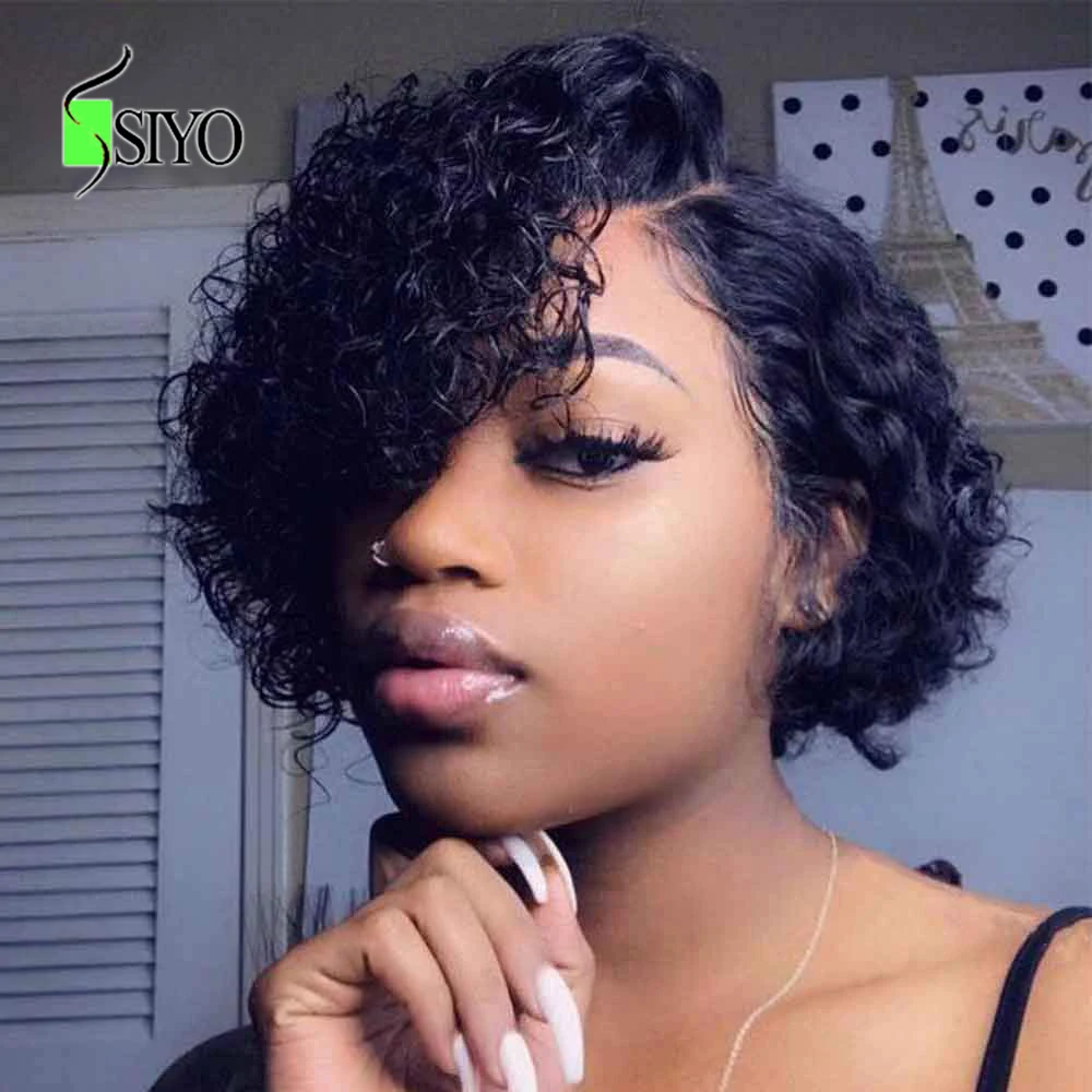 Siyo Malaysian Water Wave Human Hair Wigs 13x4x1 Lace Closure for Black Women Short Curly Bob Pre Pluck Pixie Cut Wig | Шиньоны и
