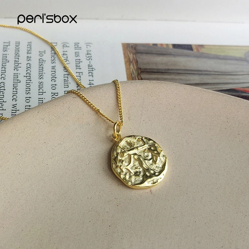 Peri'sbox необычное колье с монетой из стерлингового серебра 925 пробы, текстурированное ожерелье с золотой цепочкой, Стильное ожерелье, дизайн