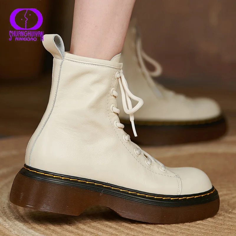 

AIMEIGAO Autumn Winter New Cowhide Martin Boots Women Fashion Ankle Boots Lace Up Side Zipper Female Short Boots Casual Comfort