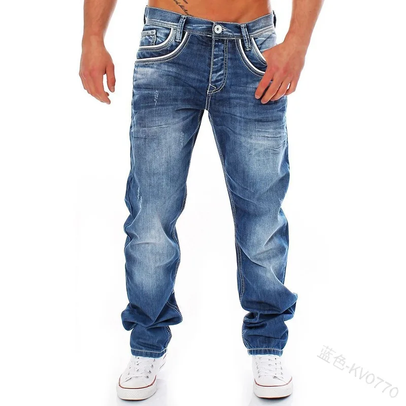 

WEPBEL Men Fashion Casual Straight Long Denim Pants Vintage Jeans Trousers Plus Size