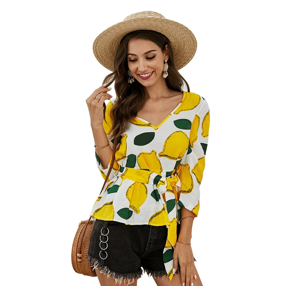 

Women Spring Summer Temperament Elegant Print V-Neck Shirt Female Three Quarter Sleeve Sashes Shirt