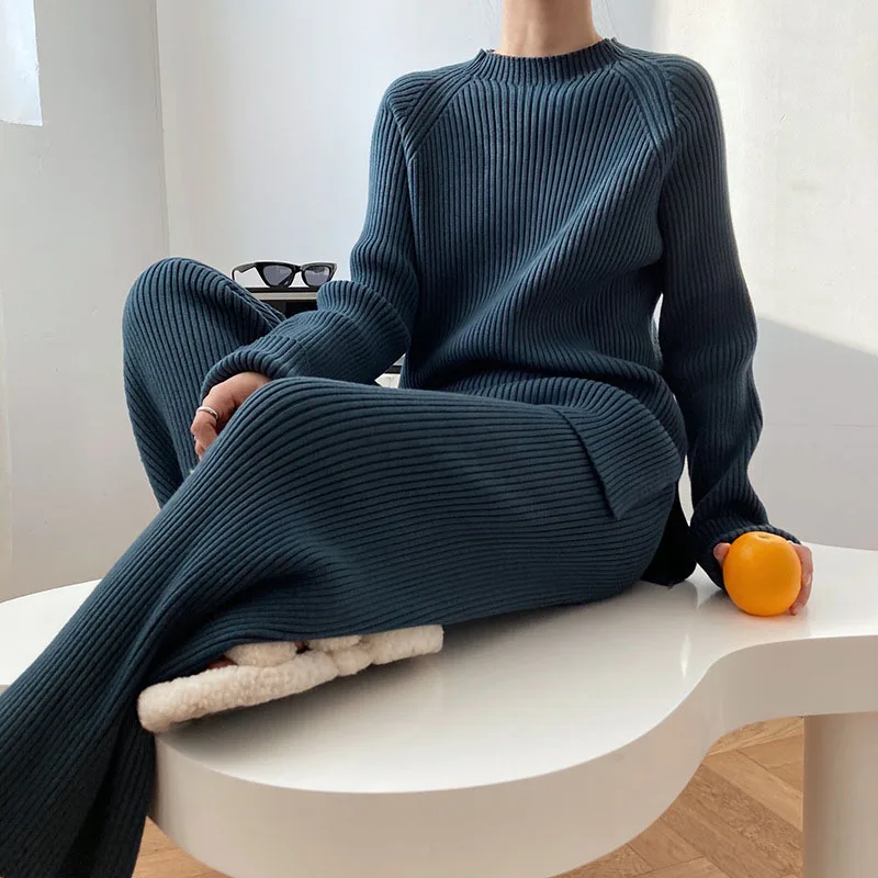 

Autumn Winter 2021 Thicken Knitted 2 Pieces Set Women O-Neck Split Jumpers & Wide Leg Knit Pants Europe New Set Female