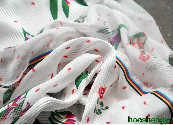 Printed white stripe red green pink flowers and grass chiffon decorative fabric translucent beach wind shirt | Дом и сад